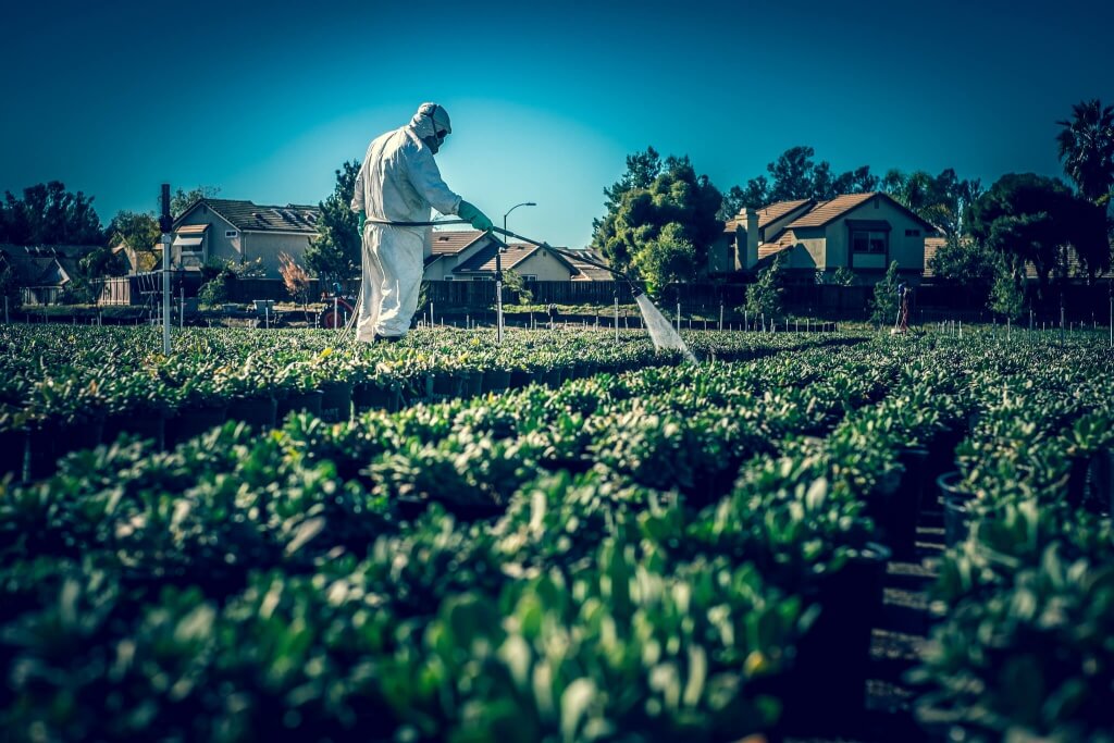Farmer Spraying Herbicide In Suit