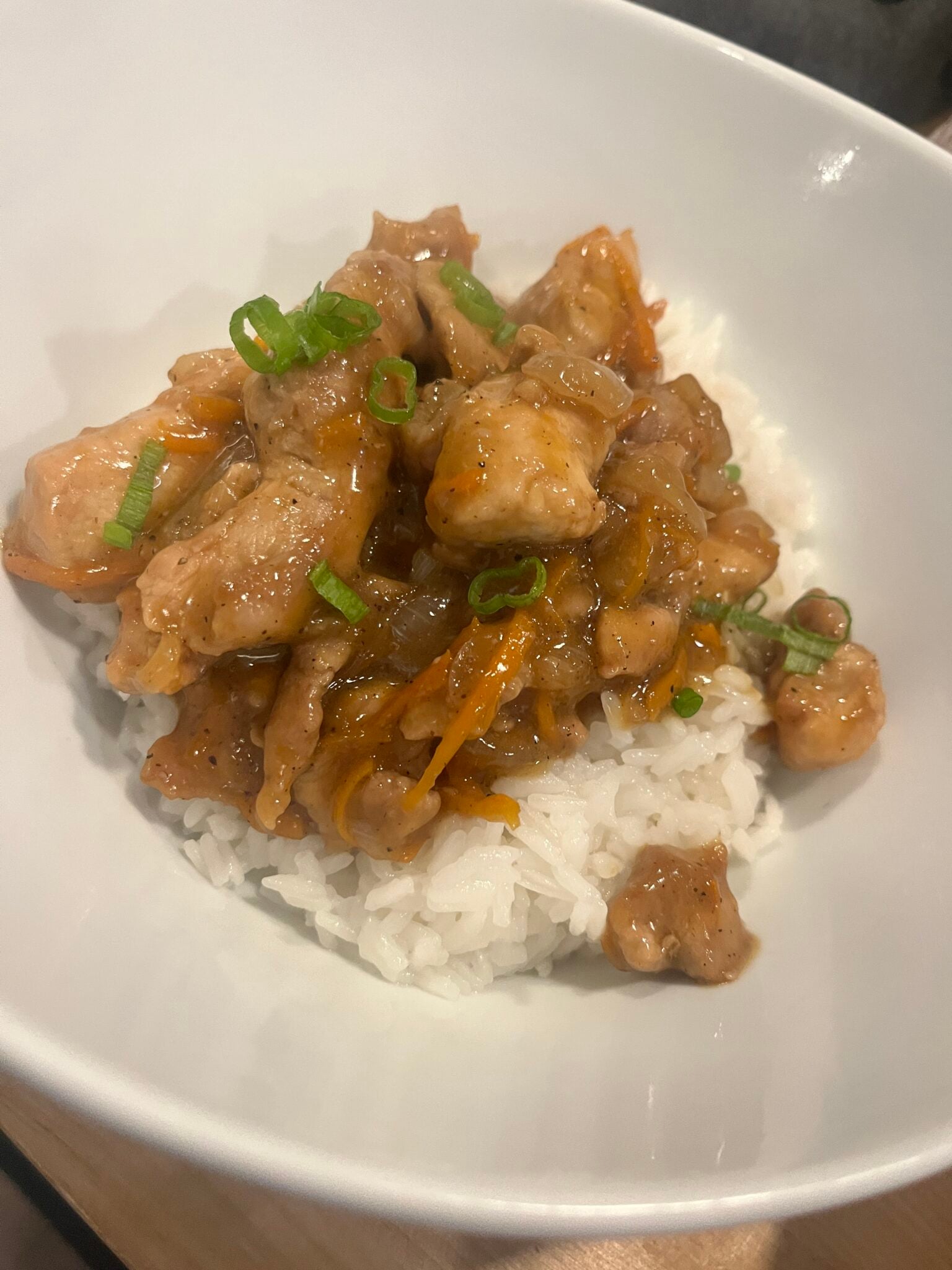 Side view of a diced pork dish with carrots and green onions over white rice.